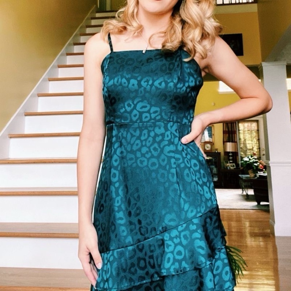 ALTAR’D STATE Satin Leopard Mini Dress In Teal